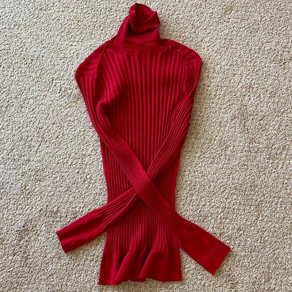 Salvatore Ferragamo brick red silk & cashmere ribbed fitted turtleneck